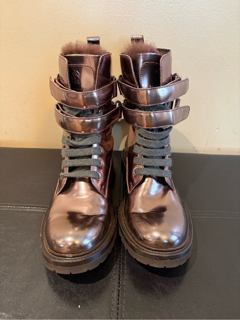 Brunello Cucinelli Metallic Rose Combat Booties with Shearling Trim